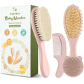 Yoofoss 4 Piece Baby Hair Brush and Comb Set，Wooden Baby Hair Brush with Natural Ultra Soft Goat Hair, Baby Comb Set for Boy, Girl - Pink - color: Pink