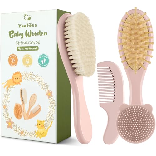 Yoofoss 4 Piece Baby Hair Brush and Comb Set，Wooden Baby Hair Brush with Natural Ultra Soft Goat Hair, Baby Comb Set for Boy, Girl - Pink - color: Pink