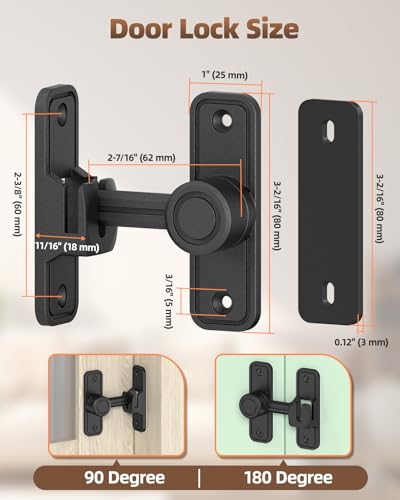 Heavy Duty Barn Door Lock, 90/180 Degree Latch, Black, 2 Pack | Thickened Zinc Alloy, Anti-Corrosion Coating, 3mm Spacer, Left Or Right Installation, For Sliding Doors, Shed And Bathroom - color: Black-2PCS