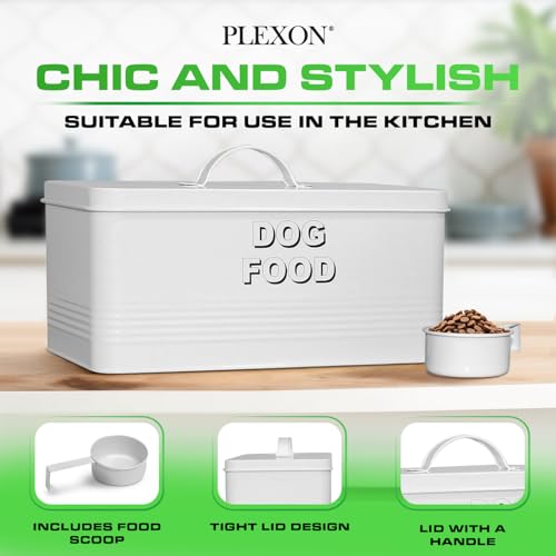 Plexon Metal Dog Food Storage Container with Scoop - Small Dog Food Container 10lbs Holder Treat Jar Bin with Lid - Pet Chow Storage Canister Tin, 2 Gallon, White - color: White, 2 Gall Capacity