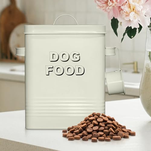Plexon Metal Dog Food Storage Container with Scoop - Small Dog Food Container Holder Treat Jar Bin with Lid - Pet Chow Storage Canister Tin, 1.5 Gallon, 7 lbs, Off-White - color: Off-white, 1.5 Gall Capacity