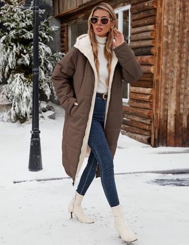 Yusongirl Women's Reversible Long Winter Puffer Coat with Hood and Fleece | Two wearable sides for winter commutes, school runs and city errands, with quilted warmth, soft fleece, a hood and pockets - color: Coffee, size: Medium