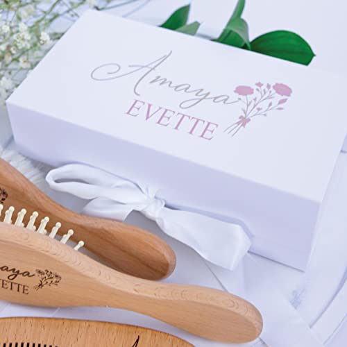 Personalized Baby Hair Brush Set - Custom Engraved Wooden Brush & Comb Gift Box for Baby Girls, Toddlers & Kids, Floral Set