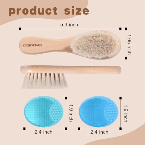 SAMEBUTECO Baby Hair Brush Set,3 in1 Kit,1 Pack Goat Hair Bristles Brush 2 Pieces Silicone Cradle Cap Brushes Wood Handle Newborn Brush for Newborns and Toddlers