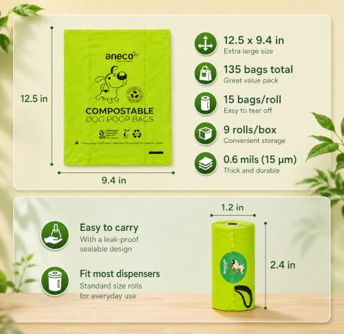 ANECO 100% Certified Home Compostable Dog Poop Bags (135 Count/9 Rolls) | Large Poop Bags for Dogs & Cats, Extra Strong & Leak-proof Pet Waste Bags, California