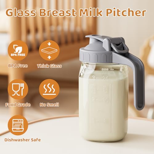 32 oz Breast Milk Pitcher, Glass Mason Jar Pitcher with Lid | Airtight, Leak Proof, Wide Mouth, Pour Spout Lid, Thick Glass, Fridge Safe, Ergonomic Handle, Easy to Clean - color: Gray, size: 32 Ounces