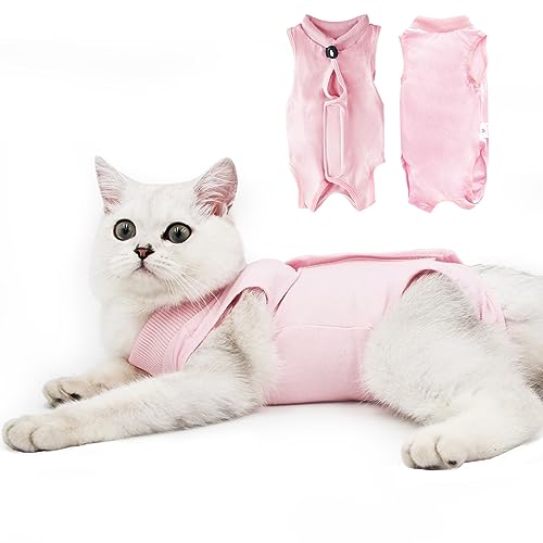 DOTON Cat Recovery Suit for Male and Female Surgical Post Surgery Soft Cone Onesie Shirt Clothes Neuter Licking Protective Diapers Outfit Cover Kitten Spay Collar(S, Pink) - color: Pink, size: Small