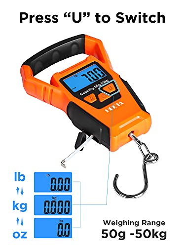HEETA Waterproof Fish Scale Digital Hanging Fishing Luggage Weight Scale | Up 110lb/50kg Portable Scale with Backlit LCD Display, for Home & Outdoor, Measuring Tape and 2 AAA Batteries Included - color: Orange