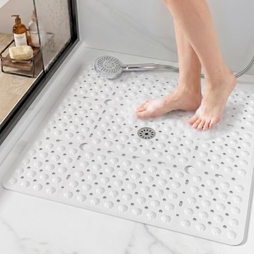 HITSLAM Square Shower Mat 27x27 Inch, Extra Large Non Slip Shower Mats for Inside Shower Stall, Anti Slip Bath Floor Mat with Strong Suction Cups & Drain Holes, Machine Washable, White - color: White