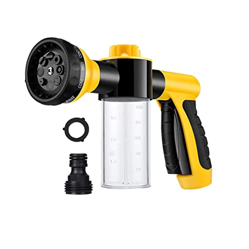 Foam Sprayer Gun, Pressure Nozzle for Car Wash, Watering plants, Pet Shower, Outdoor Fun - 8 Watering Patterns and Soap Dispenser (Yellow)