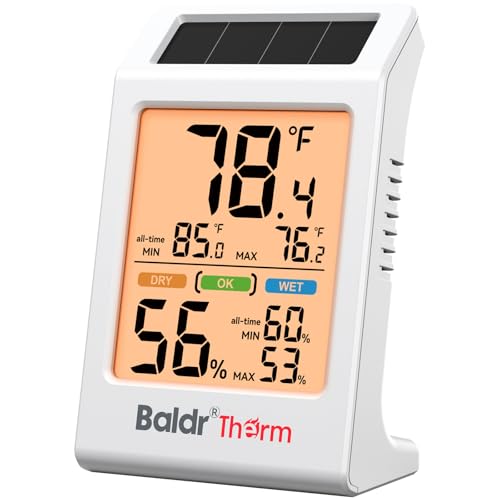 BaldrTherm Room Thermometer Indoor, Humidity Meter, 2026 Upgrade Backlit Digital Humidity&Temperature Monitor | Solar Powered | MAX MIN Record | 3.2", for Home, Office, Greenhouse, 1Pack