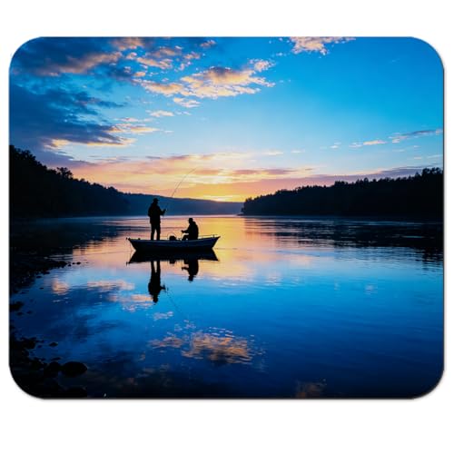 Sunset Lake Fishing Silhouette Mouse Pad 9.5" x 7.9", Calm Blue Water Nature Cute Desk Mat, Serene Scene - color: Fishing Scene