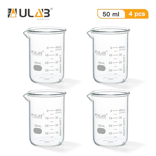 ULAB Glass Beakers Shot Glass, Vol. 50ml, 3.3 Borosilicate Griffin Low form with Printed Graduation, Pack of 4, UBG1019 - style: Vol.50ml, Pack of 4