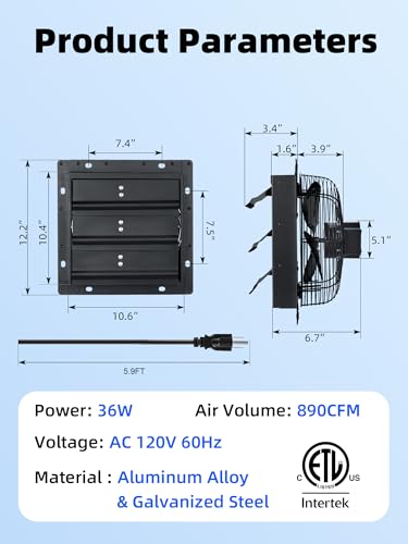 10 Inch Shutter Exhaust Fan for Garage, 890 CFM, Plug & Play | Wall Mounted Exhaust Fan, 45dB Quiet Cooling Attic Fan for Shed, Garage, Greenhouse, Basement, Chicken Coop, Generator Room - size: 10 Inch