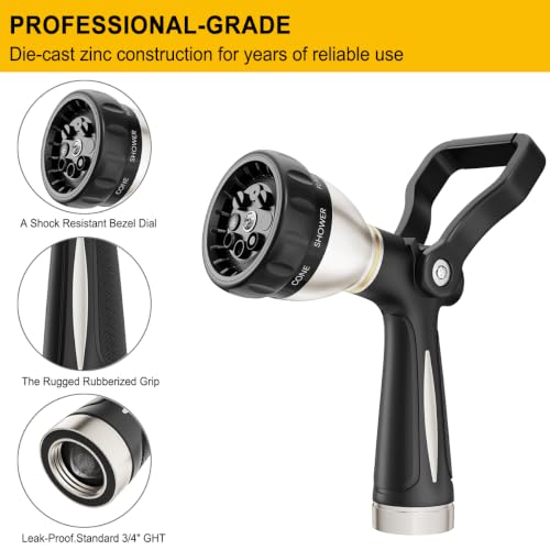 FANHAO Fireman Style Water Hose Nozzle Heavy Duty Metal, 8 Spray Patterns | Large Lever Control, Non-Slip Ergonomic Grip, High Pressure, Rustproof Leakproof Garden Hose Sprayer for Garden, Car & Pet - color: Black
