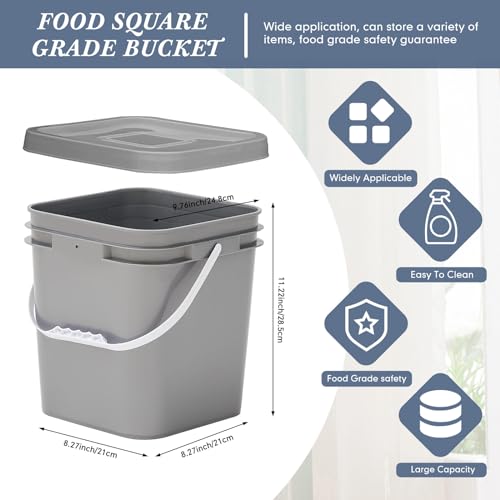 Mumufy 5 Pcs 3.5 Gallon Square Food Grade Bucket with Lid Square Bucket Pail Plastic Handles for Long Term Food Storage, Camping, Fishing, Home Organization Easy Stack and Store (Gray) - color: Gray