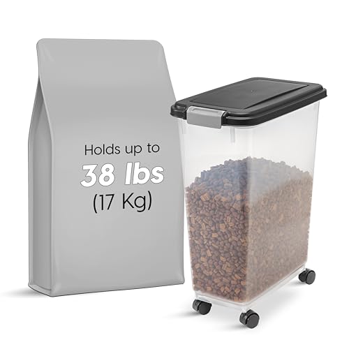 IRIS USA Dog Food Storage Container, Up to 38 lbs, Black, Made in USA | Wheels for Mobility, Airtight Seal, BPA-Free, Best for Bird Seed, Cat food, Cat Litter, Chicken Feed, Pellets - color: Black, size: 38 lbs
