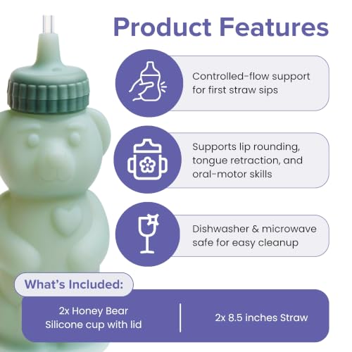 TalkTools Honey Bear Silicone Straw Cup, Dishwasher Safe Baby Drinking Bottle, Premium Food-Grade Material, Honeybear Sippy Cup for Ages 4+ Months, Kids and Toddlers (Pack of 2-8oz) (Green) - color: Green