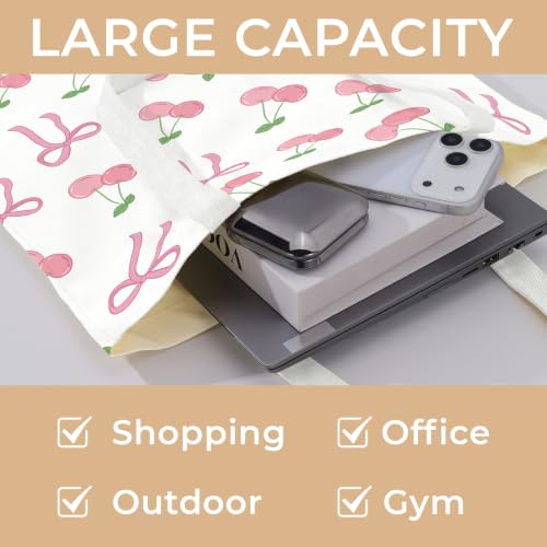 Cute Canvas Tote Bag for Women, Book Totebag with Zipper Pocket - color: Coquette Bow