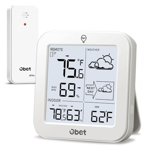 Indoor Outdoor Thermometer Wireless 500 FT Outdoor Thermometer with Sensor | Battery Powered Weather Station, 3.8" LCD Display Temperature Humidity Monitor with Backlight Max Min Dew Point Pressure - color: White-Large