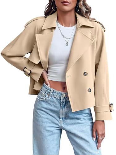 ebossy Women's Double Breasted Short Duster Trench Coat Lapel Loose Windproof Cropped Jacket Coat with Pockets - color: Light Khaki, size: Small