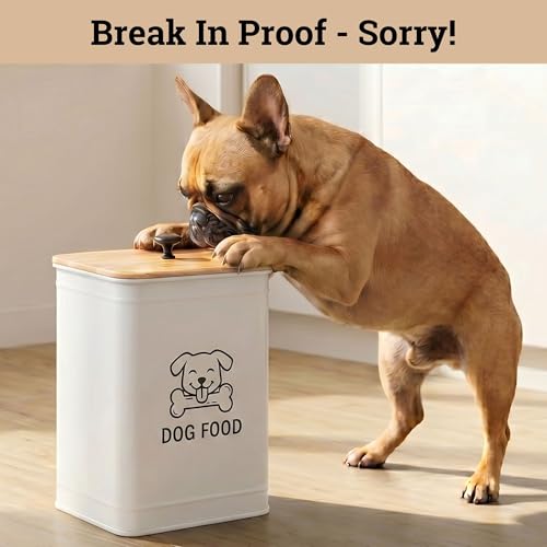 Metal Dog Food Container 5-7lb, 25 Cup w/ Airtight Bamboo Lid, Metal Handle | Pet Jar For Dogs up to 50lbs, Airtight Bamboo Lid, Sturdy Comfortable Metal Handle, Powder Coated Iron, Kibble Storage Bin - color: White: Dog Face