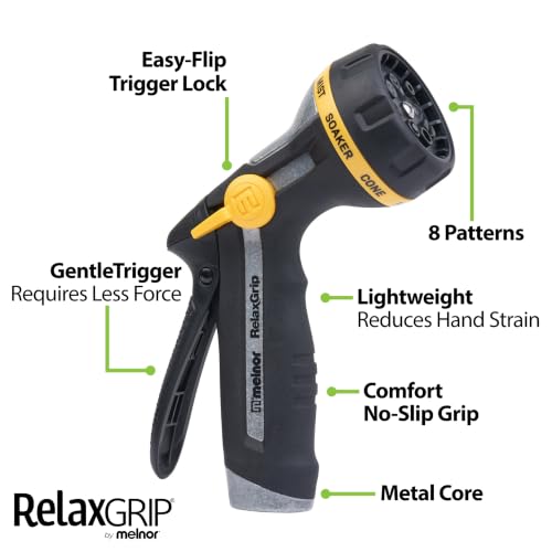 Melnor 65187AMZ RelaxGrip 8-Pattern Hose Nozzle with Quick Connect Bundle, Ergonomic Rear Trigger, Lightweight Water Nozzle, Arthritis Foundation Ease of Use Certified, Black, Yellow - size: 8-Pattern, style: Rear Trigger