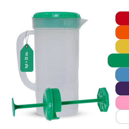 1 Quart Plastic Mixing Pitcher with Mixing Lid, BPA Free, Shatterproof Beverage Jug for Iced Tea, Lemonade, Juices, Milk – Leak-Proof, Easy Stirring, Dishwasher Safe | Green - color: Green, Mixing Pitcher w/ Opt. Lid