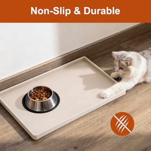 19" x 12" Extra Thick Silicone Mat Waterproof with Raised Edge, Beige | BPA-Free Non-Slip Dog & Cat Food Mat, Feeding Mat for Food and Water Bowls, Spill Proof Mat to Protect Floors - color: Beige, size: 19"L x 12"W