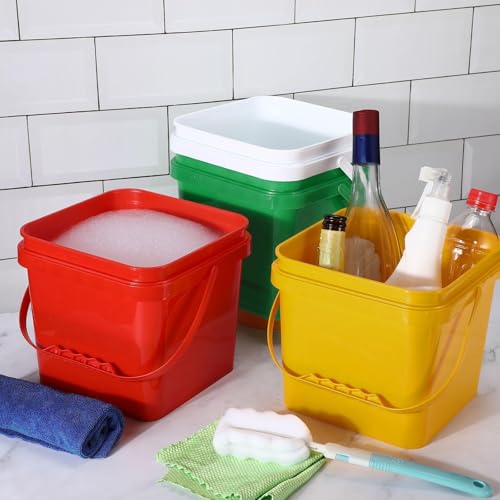 4 Pcs Plastic Bucket 5 Quart Square Cleaning Bucket Utility Small Pail with Handle for House Cleaning Storage Livestock Feeding Car Washing (Red,Yellow,White,Green) - color: Red, Yellow, White, Green