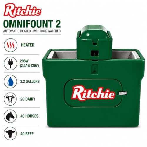 Ritchie Green OmniFount 2 Automatic Heated Livestock Waterer, 18526, Frost-Free Stainless Steel Trough, Insulated Poly Casing, 20 Dairy, 40 Beef or Horses - color: Green