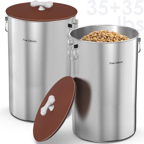 Paw Libero 2PK 35 Lbs Stainless Steel Dog Food Storage Container with Airtight Lid & Ceramic Bone Handle, Large Metal Dog Food Bin for Dogs & Cats, Keep Fresh, Easy to Clean - size: 35 lbs - 2pk