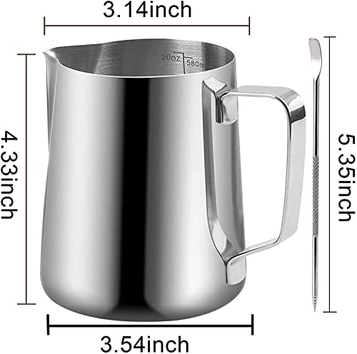 Milk Frothing Pitchers 20 oz, Stainless Steel Espresso Steaming Pitcher with Decorating Pen Coffee Milk Frother Cup with Scale Cappuccino Latte Art Barista Steam Pitchers Milk Frother Cup - color: Silver