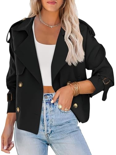 ebossy Women's Double Breasted Short Duster Trench Coat Lapel Loose Windproof Cropped Jacket Coat with Pockets - color: Black, size: Small