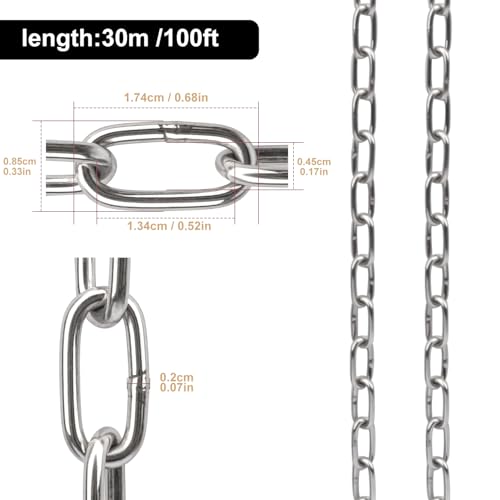 100 FT Stainless Steel Hanging Chain, 1/12" Metal Chain Roll, Jack Chain for Hanging Lightts, Plants, Signs & DIY Projects (with Spool) - size: 100 FT 1/12"