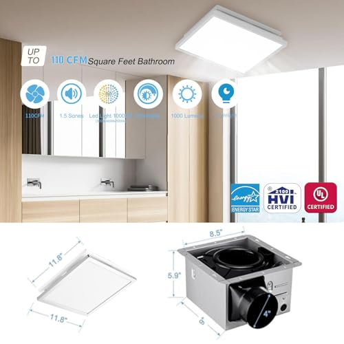 Tech Drive Modern Nickel Bathroom Fan with Light, 4 Inch Duct | 110CFM - size: 110CFM with 5CCT Light (Brushed Nickel)