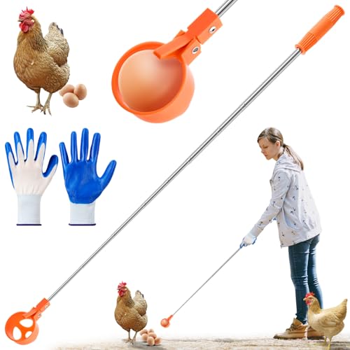 Lounsweer Egg Grabber for Chicken Eggs,15.7-76inch Extendable Stainless Steel Egg Picker Tool with (1pcs Extended Handle&1pair Non-Slip Gloves) for Picking Eggs from Coop, Poultry Nest, and Farm Use - color: Orange