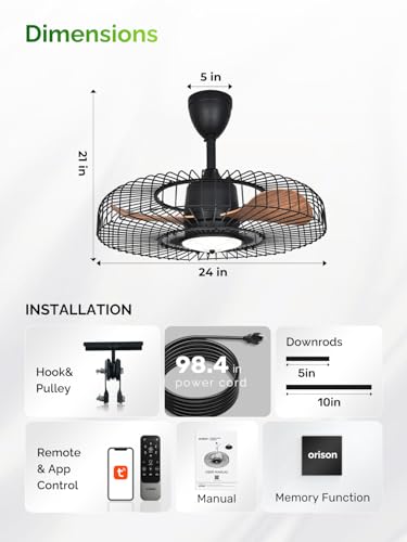 Orison Outdoor Ceiling Fans with Lights for Patio, 24" Weatherproof Ceiling Fan, Gazebo Fan Remote & APP Control, 3CCT Dimmable,Caged Plug in Ceiling Fan with Hanging Hook for Pergola Porch Canopy