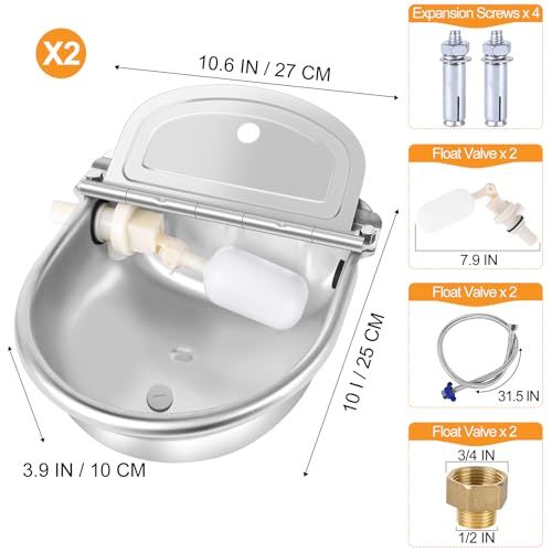 2PCS Automatic Animal Drinking Water Bowl Stainless Steel Waterer Feeder Farm Dog Dispenser Kit Self Filling for Livestock Horse Goat Water Trough with Float Valve Drain Hole Hose Adapter Bolts - size: 2 PCS