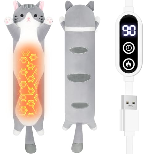 Gray Cat Plush USB Heating Pad for Girl Period Cramps Menstrual | 22” Cat Heated Plush Stuffed Animals, Portable Indoor Outdoor Use, Electric Kitten Plush Heating Pad for Women Teen Mom Gifts - color: Gray Cat Heating Pads