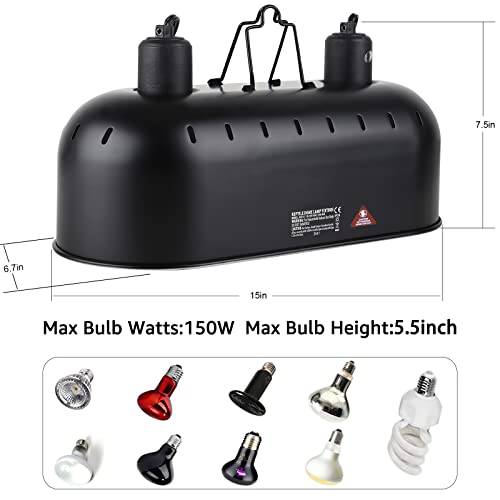 DXOPHIEX Dual Reptile Light Fixture Reptile Heat Lamp Fixture | 150W Intense Basking Bulb & Ceramic Heat Emitter, Double Dome Heat Lamp, For Lizard, Gecko, Bearded Dragon, Tortoise, Snake - style: 15inch with 150W Basking Bulb&Ceramic Heat Emitter