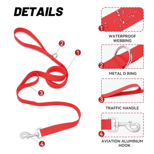 Waterproof Dog Leash with Double Handle, 6 FT Durable Odor-Proof Dog Leashes with Strong Aviation Aluminum Hooks Fits Small Medium or Large Dogs - color: Red, size: 6FT - Double Handle