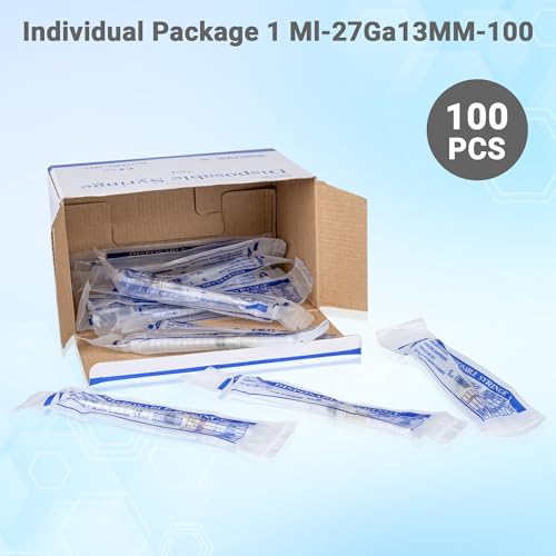 100 Pack 1mL 27Ga 1/2 Inch 13MM Lab Syringe Tools, Individually Packed - style: 1ml-27G 1/2"