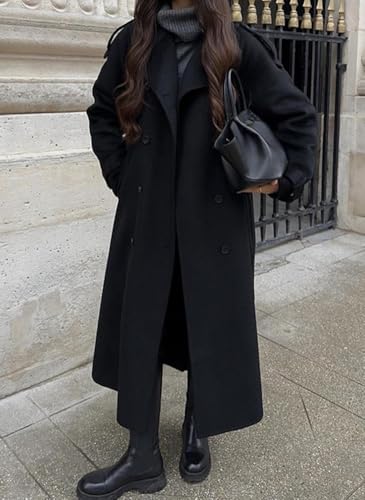 chouyatou Women's Winter Double Breasted Wool Coat Long Sleeve Notch Lapel Midi Long Winter Trench Coat with Belt - color: Black, size: Small
