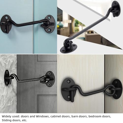 2 pcs Barn Door Lock Gate Latch,6 Inch Black Hook and Eye Latch Heavy Duty Screen Latches Hardware Stainless Steel Gate Lock Cabin Hooks for Sliding Door Bedroom Outdoor Window Cabinet Bathroom