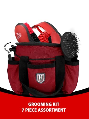 Harrison Howard Horse Grooming Brushes Kit 7 pieces with Organizer Tote Equine Care Series Horse Brush Sets Red - color: Red
