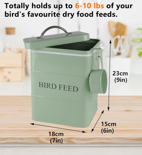 Morezi Bird Seed Storage Container Metal, 6 Lbs Airtight Bird Food Tin | Outdor Wild Bird Seed Container Canister w/ Scoop/Wooden Handle , Sturdy and Squirrel-proof, Keep Sunflower Seed Fresh-Green - color: Green