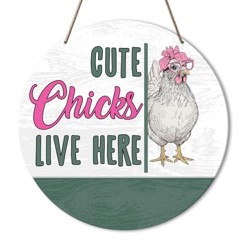 Farmhouse Hen Chicken Coop Sign for Home Room Front Porch Door Farm Fence Barn Yard Outdoor Hanging Decorations, Farmer Chicken Lover Gifts for Women Girl,Cute Chicks Live Here