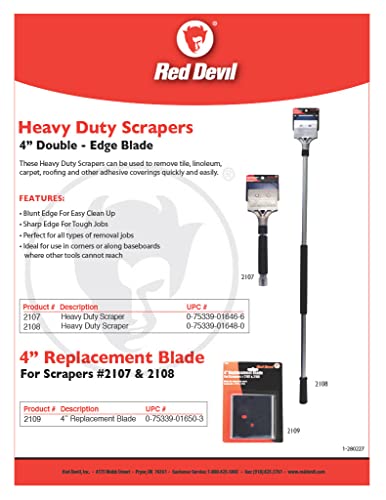 Red Devil 2108 Long Handle Heavy Duty Floor Scraper with 4-Inch Double Edge Steel Blade, Cushioned Grip Handle for Tile, Linoleum, and Carpet Removal, Pack of 4 - size: 4 Pack, style: Long Handle
