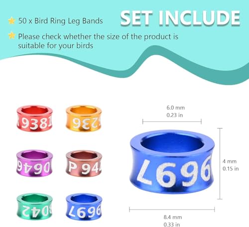 Bird Ring Leg Bands Identify Band Aluminum Alloy Closed Bird Ring for Hibiscus Birds,Parrots,Peonies,etc.Mixed Colors 50 Per Pack(ID6.0MM) - size: ID6.0MM